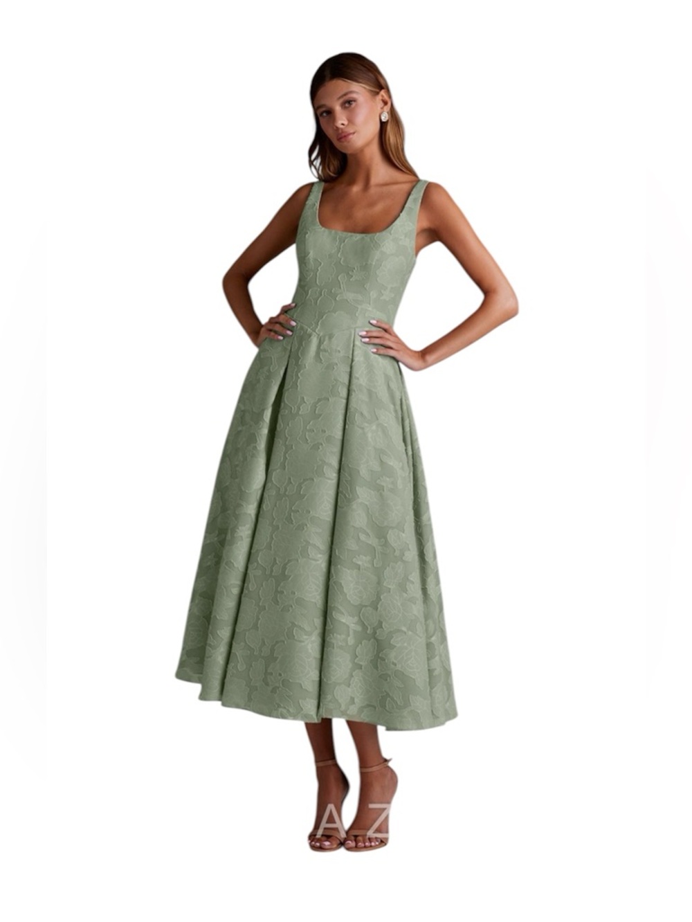 Azazie Sage Green Floral Jacquard Midi Dress